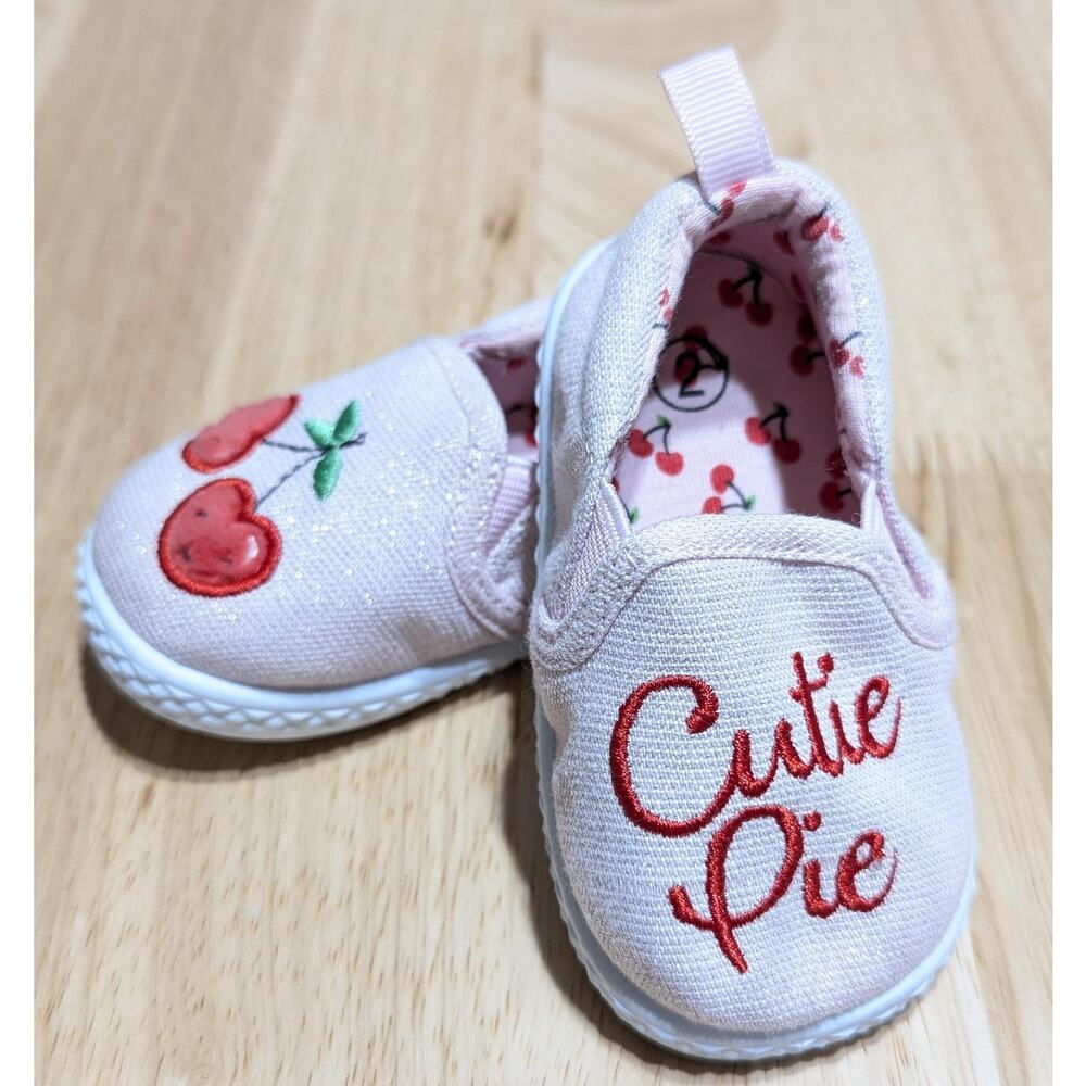 Baby Girls Slip On Shoes 2 Pink Cutie Pie Cherry Canvas Embroidered SG Footwear